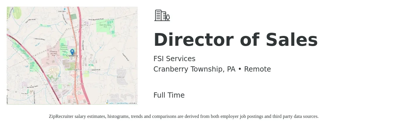 FSI Services job posting for a Director of Sales in Cranberry Township, PA with a salary of $68,300 to $121,100 Yearly with a map of Cranberry Township location.