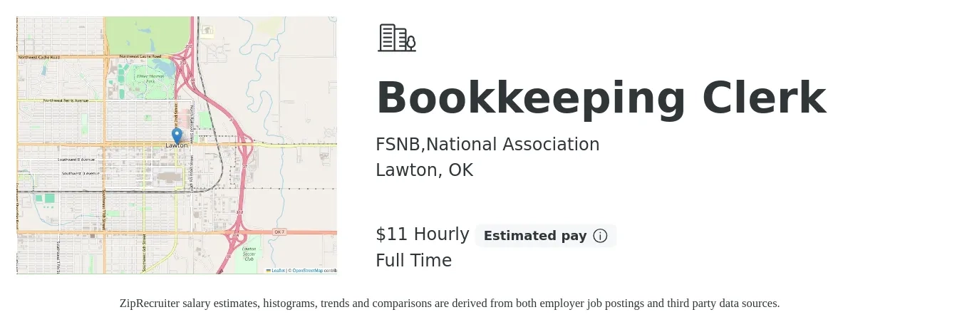 FSNB,National Association job posting for a Bookkeeping Clerk in Lawton, OK with a salary of $12 Hourly with a map of Lawton location.