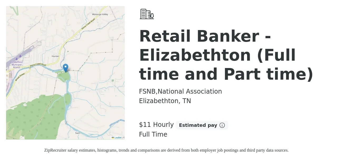 FSNB,National Association job posting for a Retail Banker - Elizabethton (Full time and Part time) in Elizabethton, TN with a salary of $12 Hourly with a map of Elizabethton location.