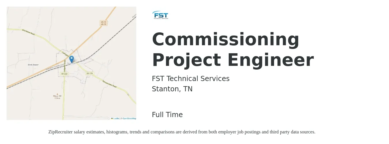 FST Technical Services job posting for a Commissioning Project Engineer in Stanton, TN with a salary of $73,300 to $119,900 Yearly with a map of Stanton location.