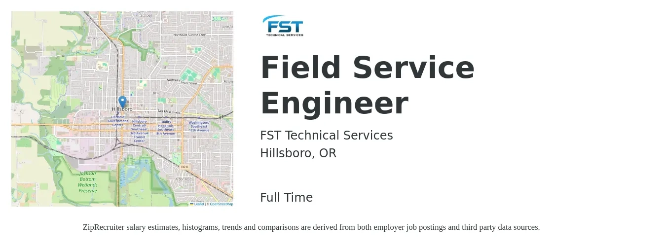 FST Technical Services job posting for a Field Service Engineer in Hillsboro, OR with a salary of $62,100 to $92,000 Yearly with a map of Hillsboro location.