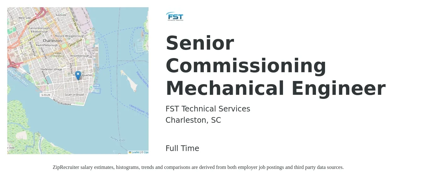 FST Technical Services job posting for a Senior Commissioning Mechanical Engineer in Charleston, SC with a salary of $97,800 to $129,100 Yearly with a map of Charleston location.