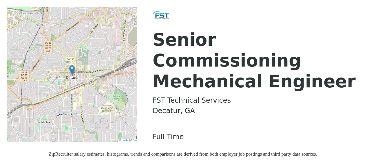 FST Technical Services job posting for a Senior Commissioning Mechanical Engineer in Decatur, GA with a salary of $102,000 to $134,700 Yearly with a map of Decatur location.