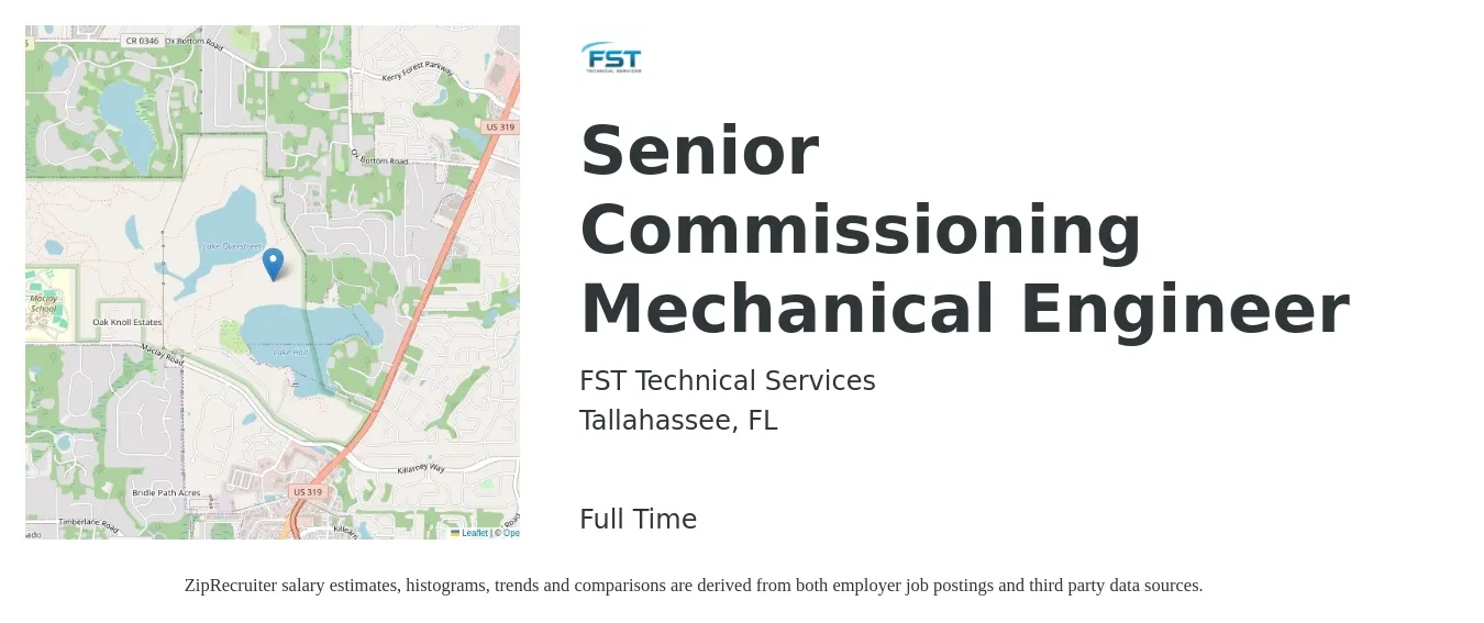 FST Technical Services job posting for a Senior Commissioning Mechanical Engineer in Tallahassee, FL with a salary of $99,300 to $131,100 Yearly with a map of Tallahassee location.