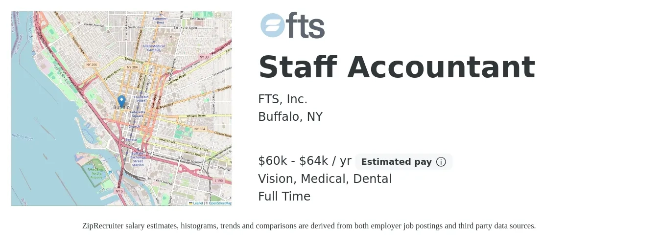 FTS, Inc. job posting for a Staff Accountant in Buffalo, NY with a salary of $60,000 to $64,000 Yearly and benefits including vision, dental, life_insurance, medical, and pto with a map of Buffalo location.