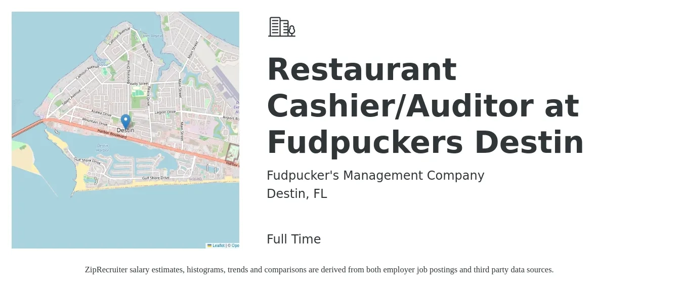 Fudpucker's Management Company job posting for a Restaurant Cashier/Auditor at Fudpuckers Destin in Destin, FL with a salary of $11 to $14 Hourly with a map of Destin location.