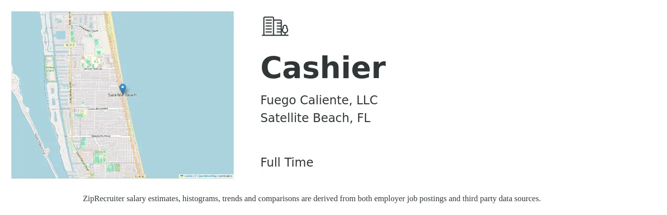 Fuego Caliente, LLC job posting for a Cashier in Satellite Beach, FL with a salary of $13 to $15 Hourly with a map of Satellite Beach location.
