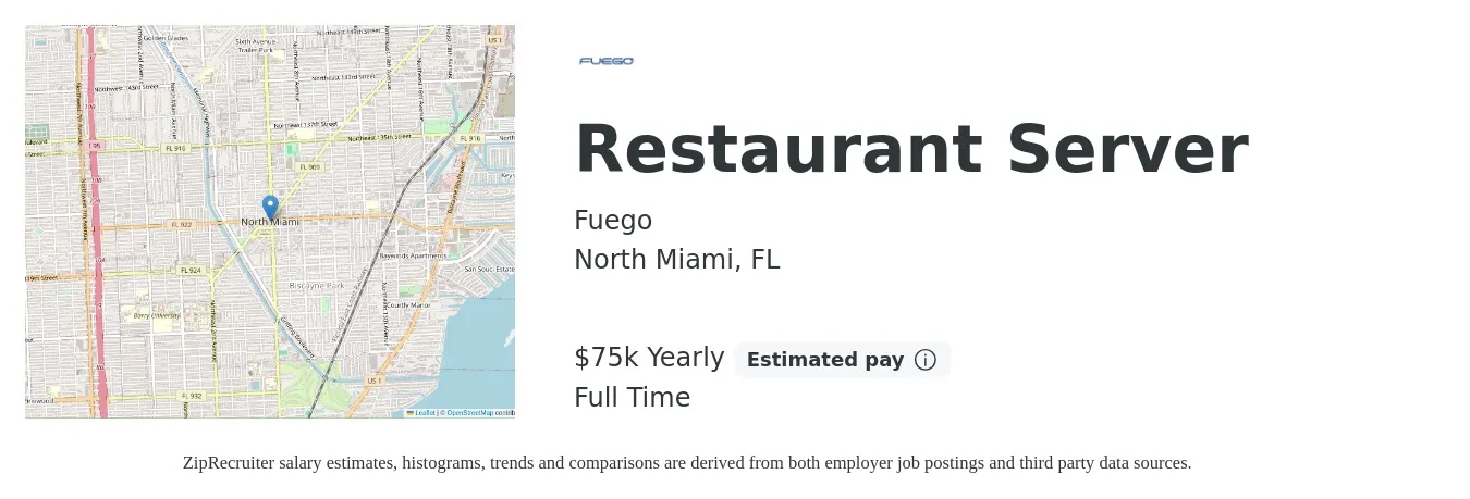 Fuego job posting for a Restaurant Server in North Miami, FL with a salary of $75,000 Yearly with a map of North Miami location.