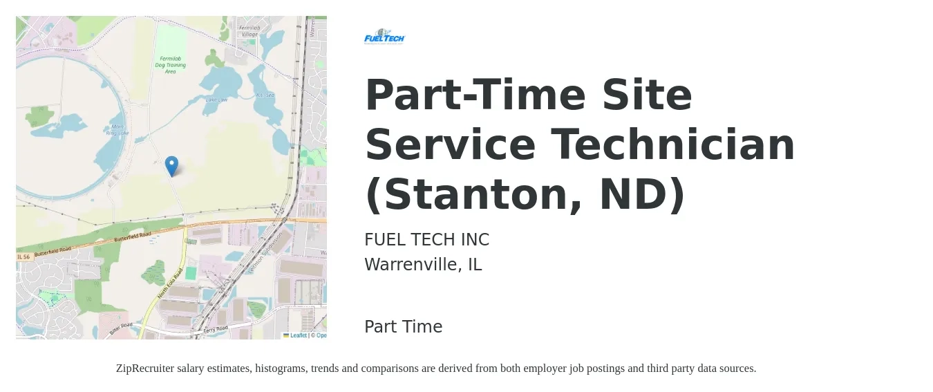FUEL TECH INC job posting for a Part-Time Site Service Technician (Stanton, ND) in Warrenville, IL with a salary of $21 to $29 Hourly with a map of Warrenville location.
