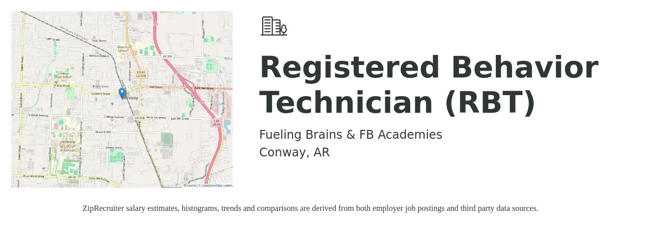 Fueling Brains & FB Academies job posting for a Registered Behavior Technician (RBT) in Conway, AR with a salary of $14 to $19 Hourly with a map of Conway location.