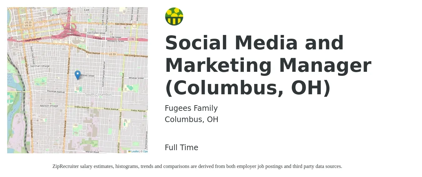 Fugees Family job posting for a Social Media and Marketing Manager (Columbus, OH) in Columbus, OH with a salary of $45,000 to $50,000 Yearly with a map of Columbus location.