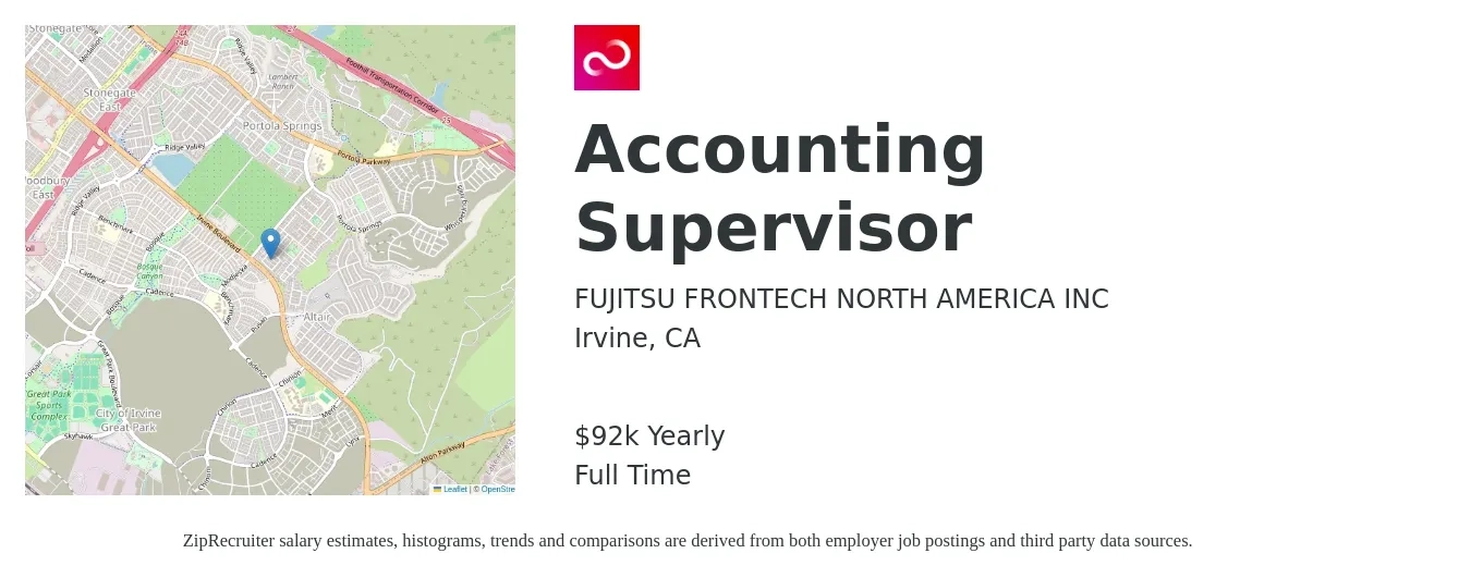 FUJITSU FRONTECH NORTH AMERICA INC job posting for a Accounting Supervisor in Irvine, CA with a salary of $92,000 to $97,000 Yearly with a map of Irvine location.