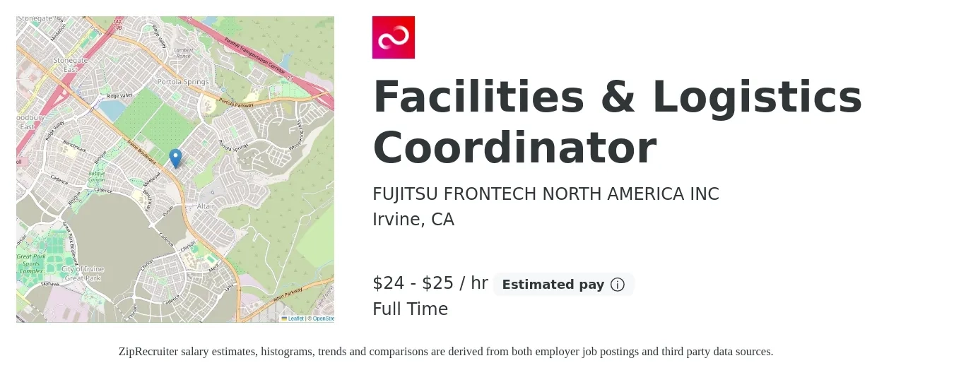 FUJITSU FRONTECH NORTH AMERICA INC job posting for a Facilities & Logistics Coordinator in Irvine, CA with a salary of $26 to $27 Hourly with a map of Irvine location.