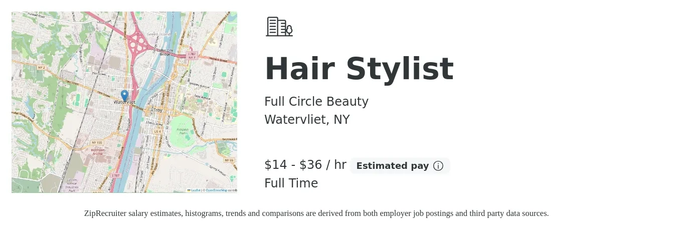 Full Circle Beauty job posting for a Hair Stylist in Watervliet, NY with a salary of $15 to $38 Hourly with a map of Watervliet location.
