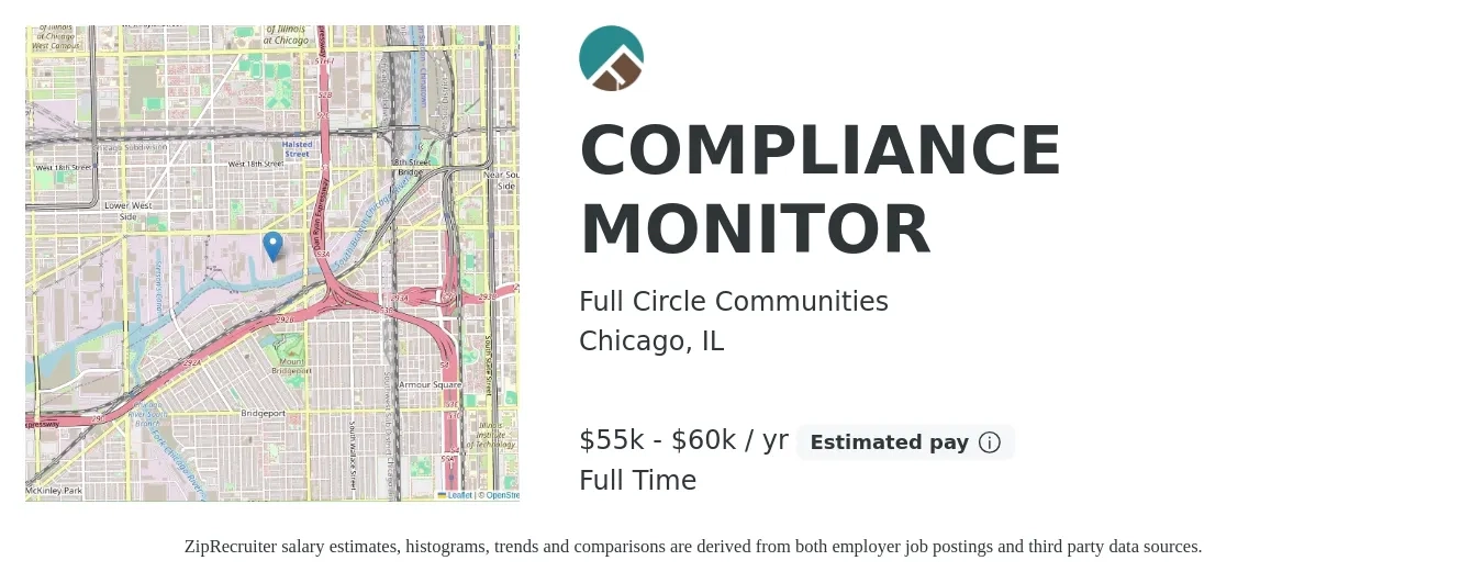 Full Circle Communities job posting for a COMPLIANCE MONITOR in Chicago, IL with a salary of $55,000 to $60,000 Yearly with a map of Chicago location.