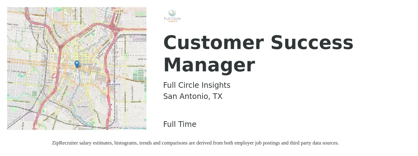 Full Circle Insights job posting for a Customer Success Manager in San Antonio, TX with a salary of $53,700 to $89,300 Yearly with a map of San Antonio location.