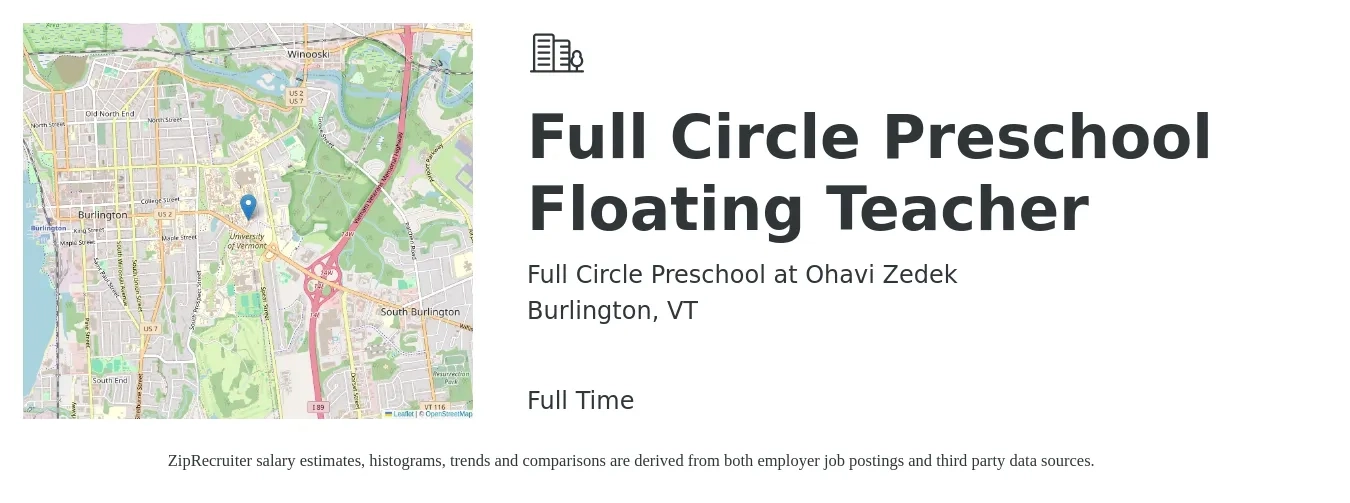 Full Circle Preschool at Ohavi Zedek job posting for a Full Circle Preschool Floating Teacher in Burlington, VT with a salary of $15 to $20 Hourly with a map of Burlington location.