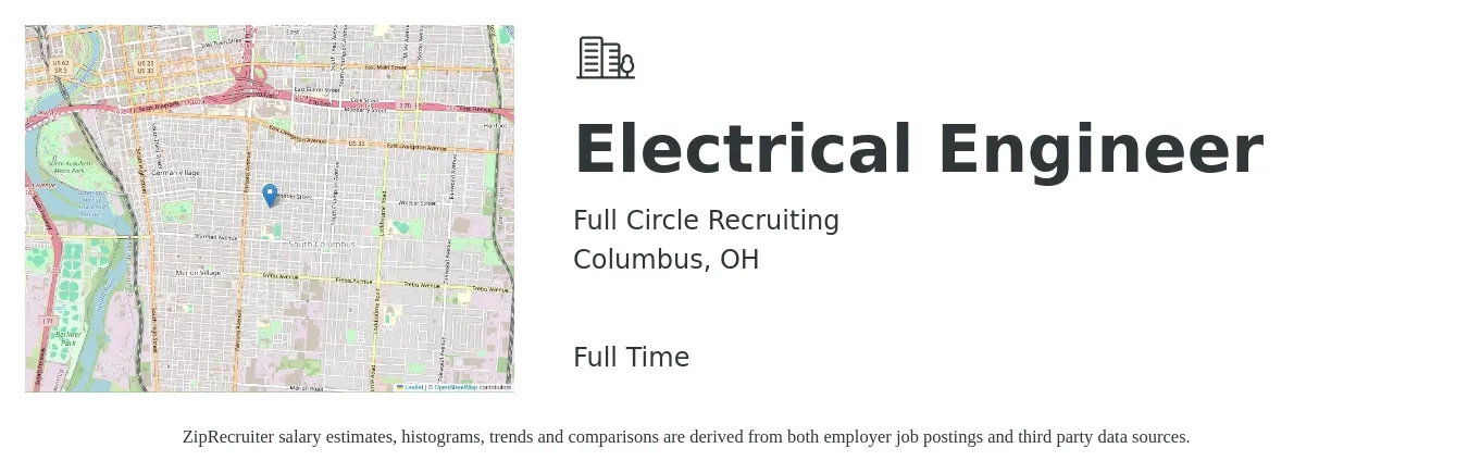 Full Circle Recruiting job posting for a Electrical Engineer in Columbus, OH with a salary of $80,200 to $127,500 Yearly with a map of Columbus location.