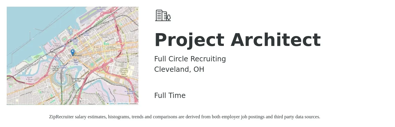 Full Circle Recruiting job posting for a Project Architect in Cleveland, OH with a salary of $82,400 to $110,200 Yearly with a map of Cleveland location.