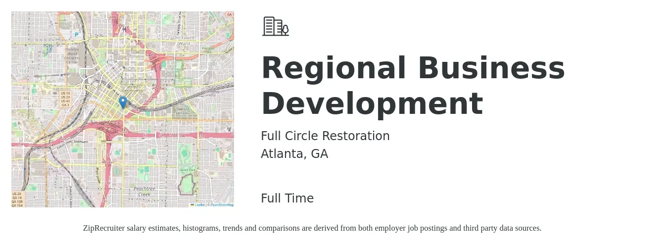 Full Circle Restoration job posting for a Regional Business Development in Atlanta, GA with a salary of $72,100 to $103,900 Yearly with a map of Atlanta location.