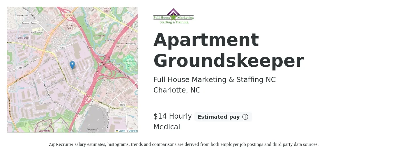 Full House Marketing & Staffing NC job posting for a Apartment Groundskeeper in Charlotte, NC with a salary of $15 Hourly and benefits including medical with a map of Charlotte location.