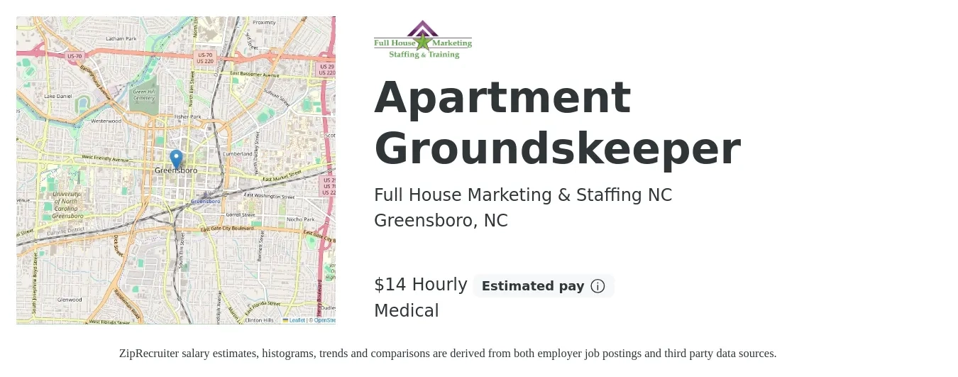 Full House Marketing & Staffing NC job posting for a Apartment Groundskeeper in Greensboro, NC with a salary of $15 Hourly and benefits including medical with a map of Greensboro location.