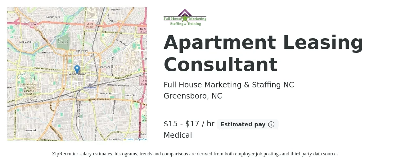 Full House Marketing & Staffing NC job posting for a Apartment Leasing Consultant in Greensboro, NC with a salary of $16 to $18 Hourly (plus commission) with a map of Greensboro location.