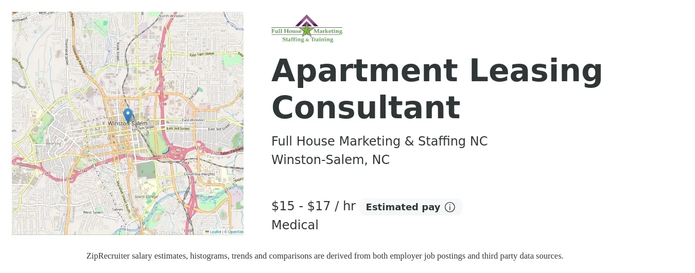 Full House Marketing & Staffing NC job posting for a Apartment Leasing Consultant in Winston-Salem, NC with a salary of $16 to $18 Hourly (plus commission) and benefits including medical with a map of Winston-Salem location.