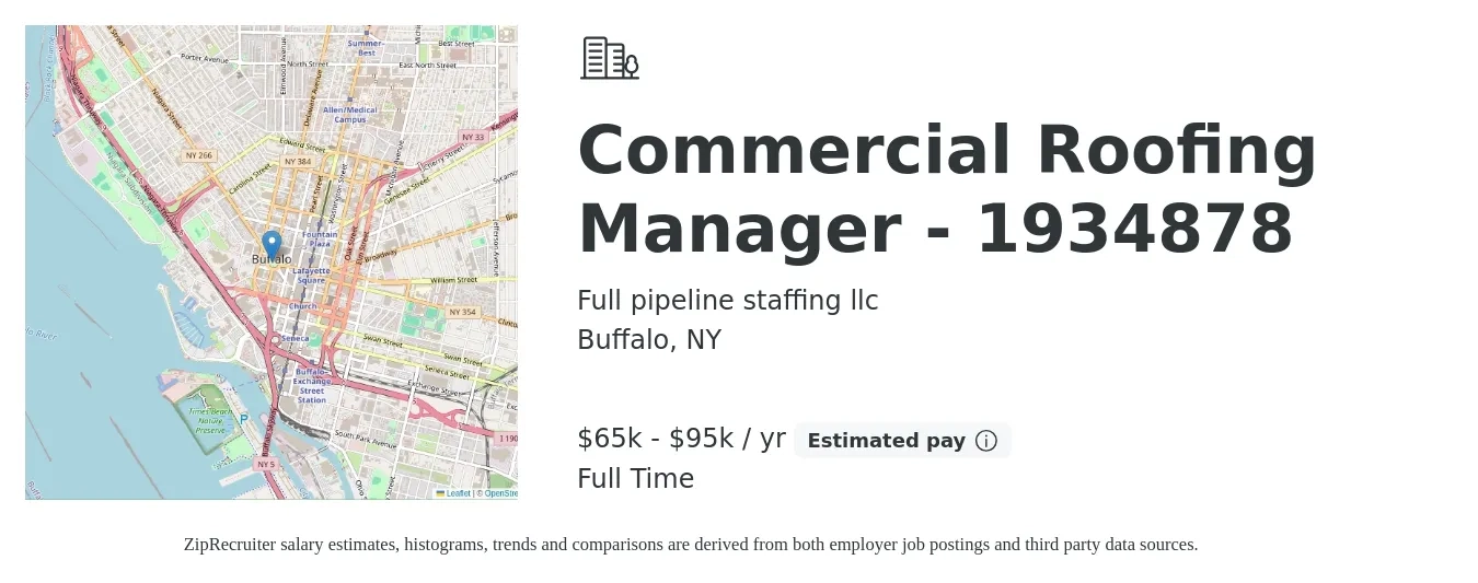 Full pipeline staffing llc job posting for a Commercial Roofing Manager - 1934878 in Buffalo, NY with a salary of $65,000 to $95,000 Yearly with a map of Buffalo location.