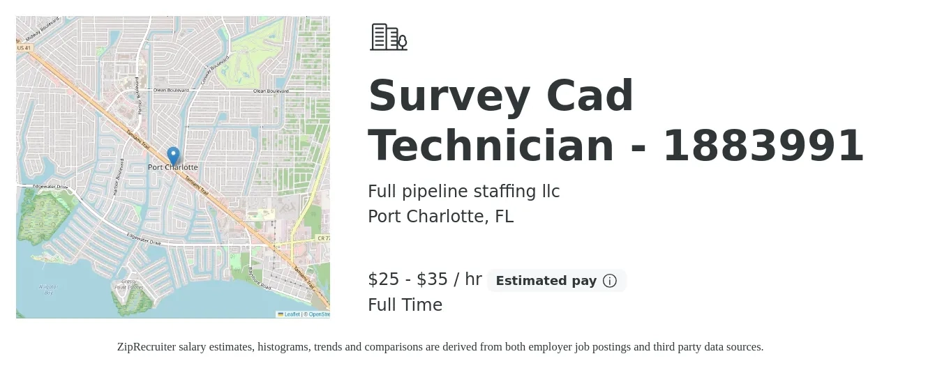 Full pipeline staffing llc job posting for a Survey Cad Technician - 1883991 in Port Charlotte, FL with a salary of $27 to $37 Hourly with a map of Port Charlotte location.