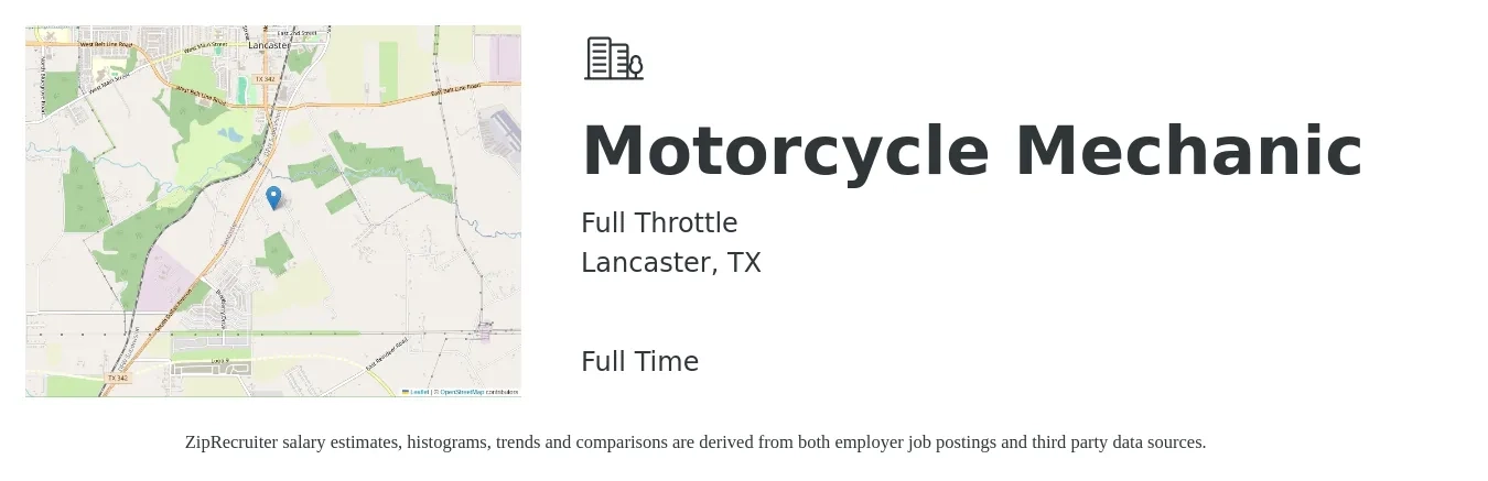 Full Throttle job posting for a Motorcycle Mechanic in Lancaster, TX with a salary of $21 to $29 Hourly with a map of Lancaster location.