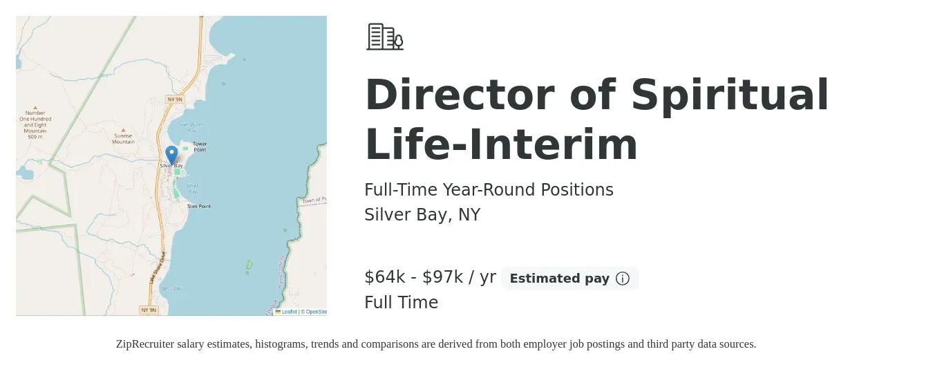 Full-Time Year-Round Positions job posting for a Director of Spiritual Life-Interim in Silver Bay, NY with a salary of $64,826 to $97,239 Yearly with a map of Silver Bay location.