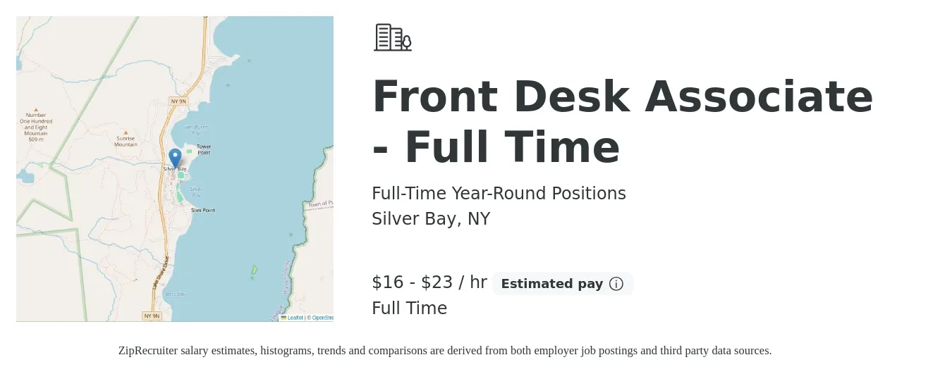 Full-Time Year-Round Positions job posting for a Front Desk Associate - Full Time in Silver Bay, NY with a salary of $17 to $24 Hourly with a map of Silver Bay location.