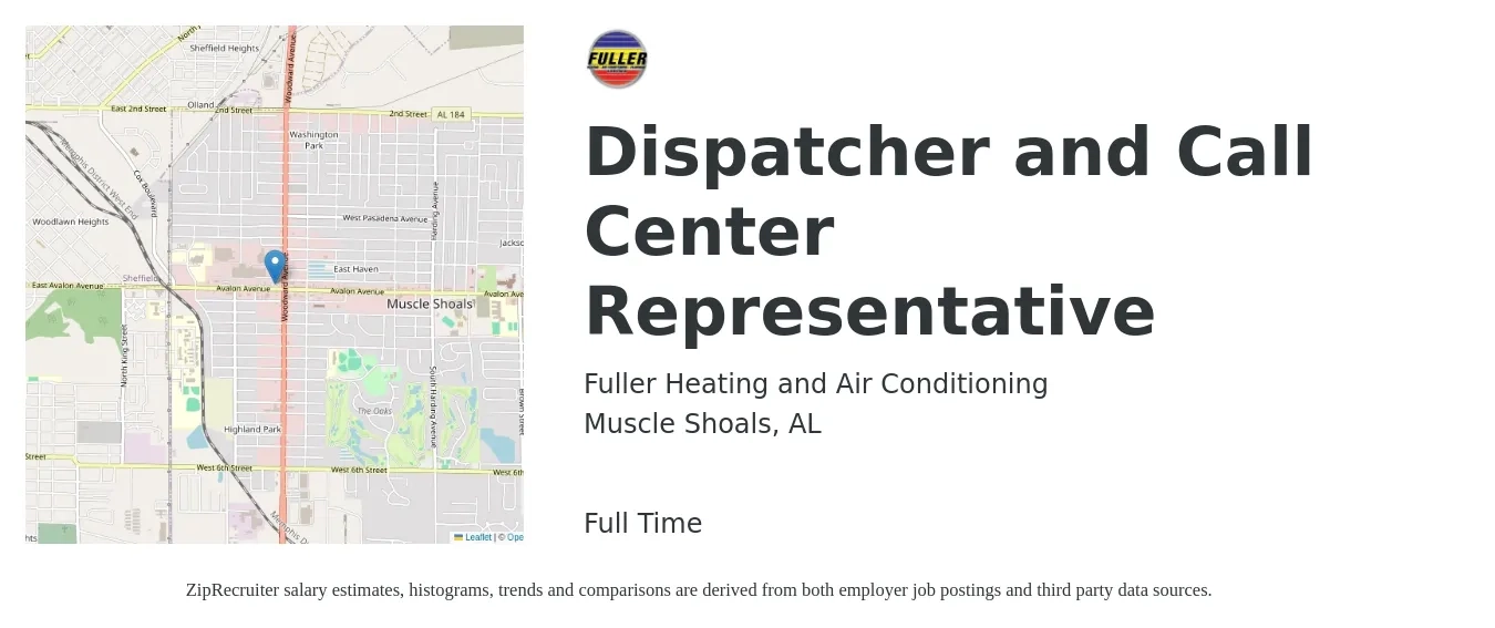 Fuller Heating and Air Conditioning job posting for a Dispatcher and Call Center Representative in Muscle Shoals, AL with a salary of $14 to $18 Hourly with a map of Muscle Shoals location.