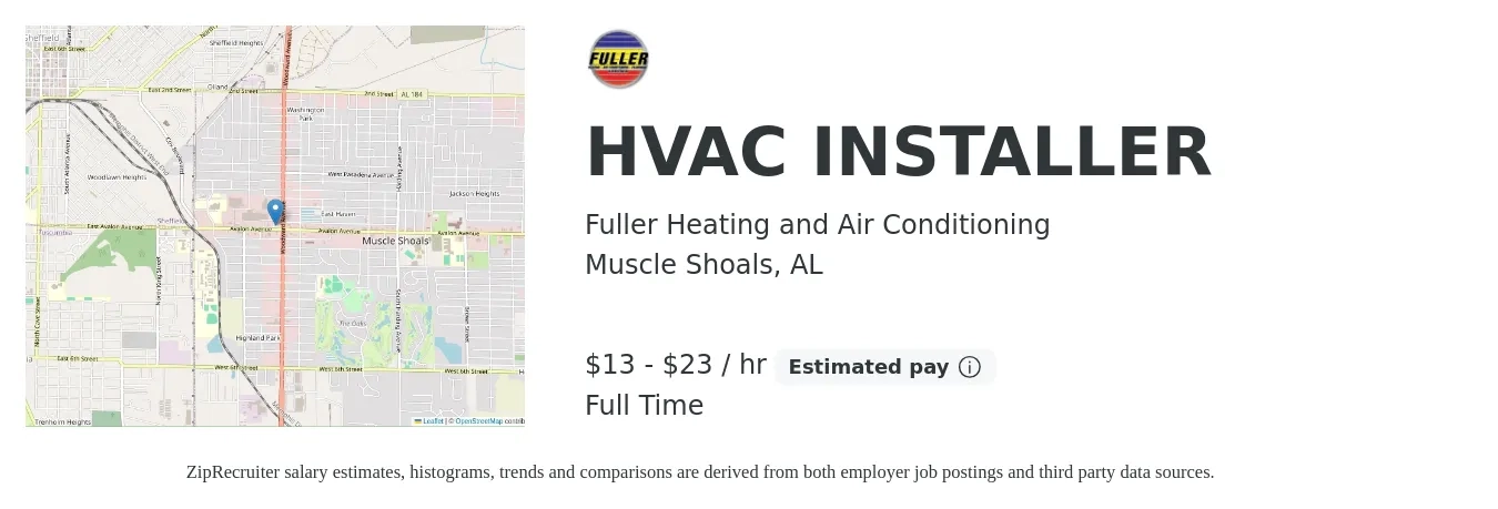 Fuller Heating and Air Conditioning job posting for a HVAC INSTALLER in Muscle Shoals, AL with a salary of $14 to $24 Hourly with a map of Muscle Shoals location.