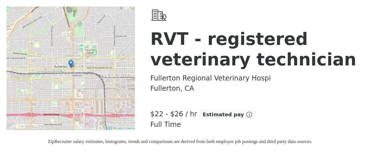 Fullerton Regional Veterinary Hospi job posting for a RVT - registered veterinary technician in Fullerton, CA with a salary of $23 to $28 Hourly with a map of Fullerton location.