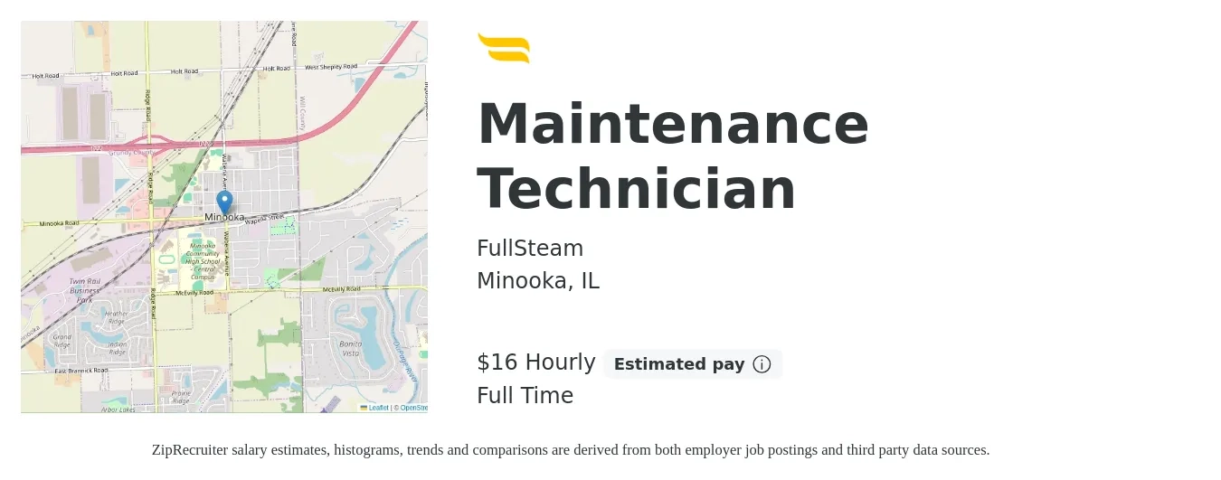 FullSteam job posting for a Maintenance Technician in Minooka, IL with a salary of $17 Hourly with a map of Minooka location.