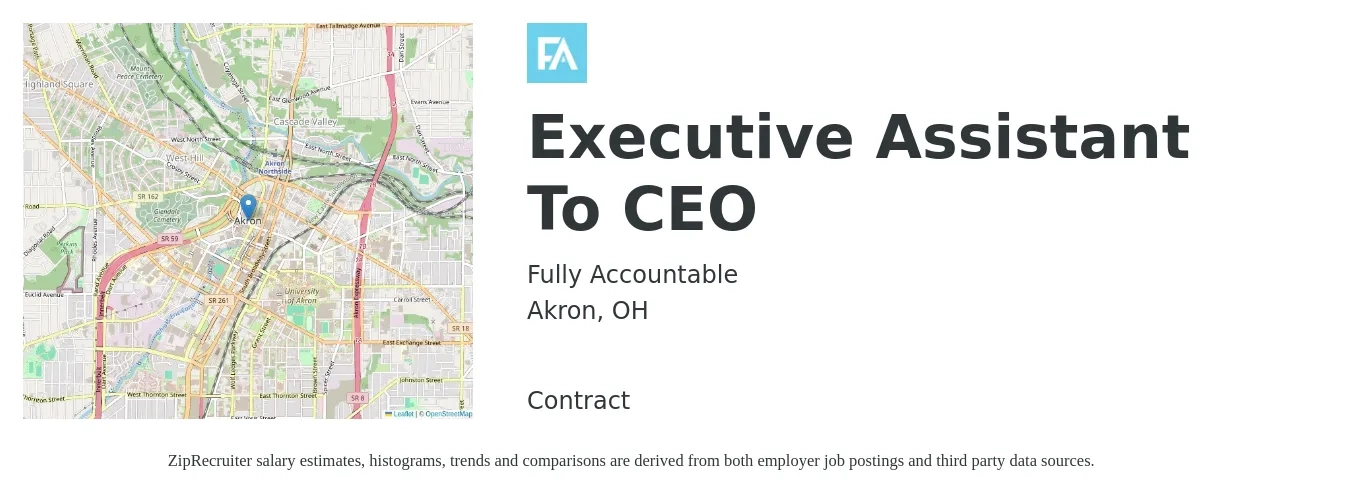 Fully Accountable job posting for a Executive Assistant To CEO in Akron, OH with a salary of $52,100 to $95,700 Yearly with a map of Akron location.