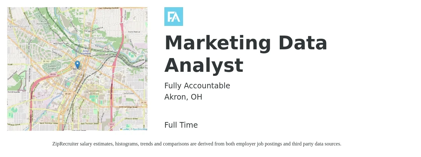 Fully Accountable job posting for a Marketing Data Analyst in Akron, OH with a salary of $34 to $54 Hourly with a map of Akron location.