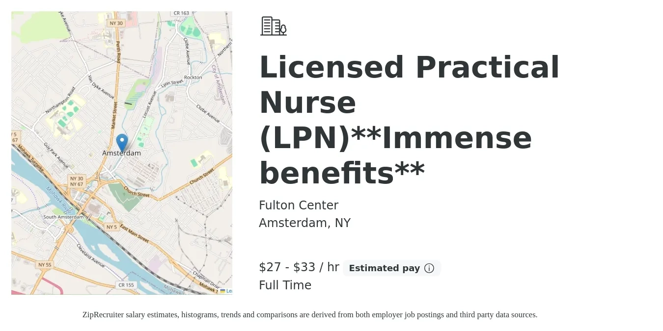 Fulton Center job posting for a Licensed Practical Nurse (LPN)**Immense benefits** in Amsterdam, NY with a salary of $29 to $35 Hourly with a map of Amsterdam location.