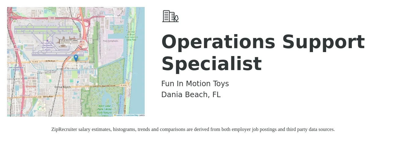Fun In Motion Toys job posting for a Operations Support Specialist in Dania Beach, FL with a salary of $16 to $18 Hourly with a map of Dania Beach location.