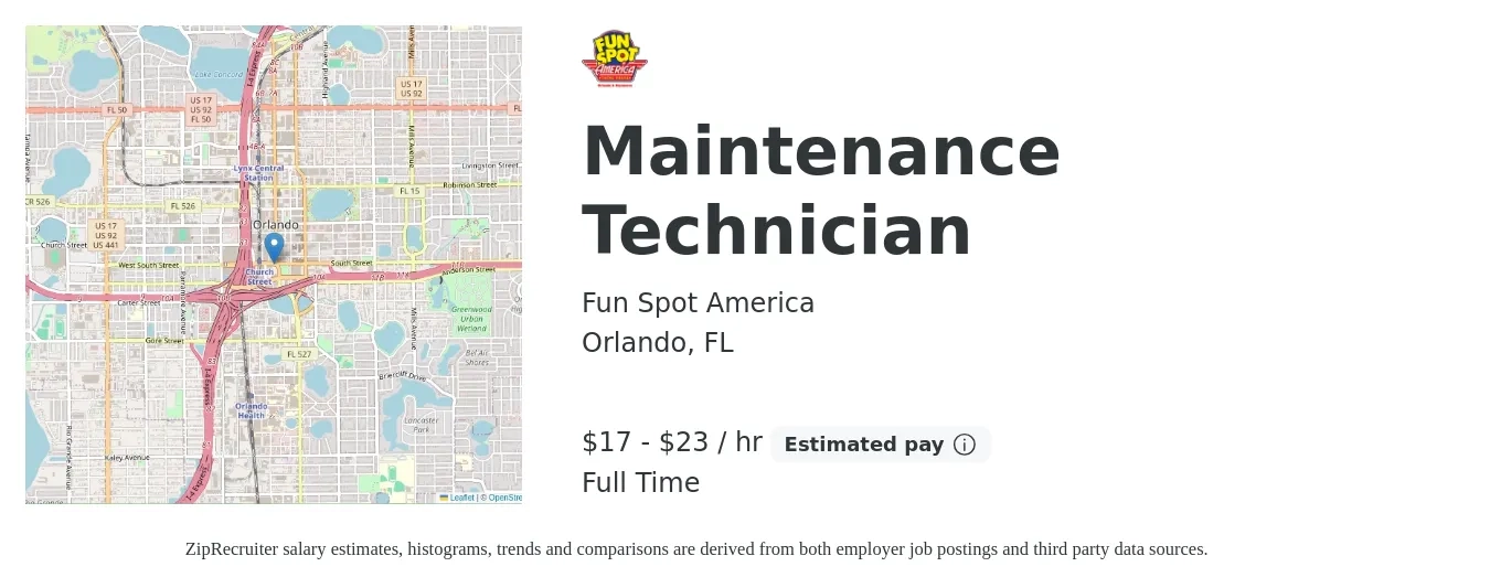 Fun Spot America job posting for a Maintenance Technician in Orlando, FL with a salary of $18 to $24 Hourly with a map of Orlando location.
