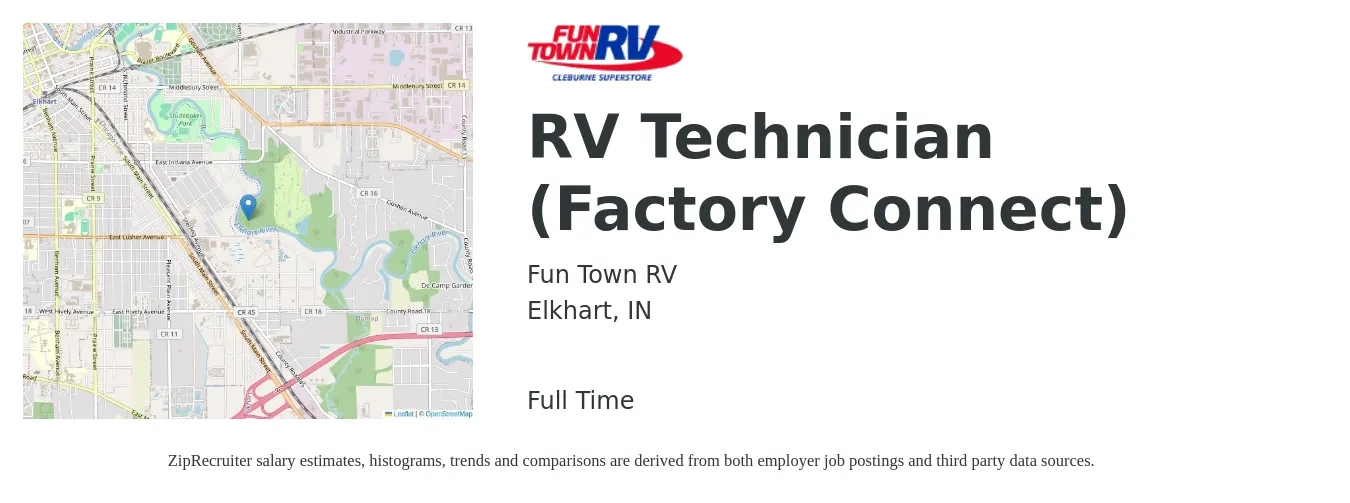 Fun Town RV job posting for a RV Technician (Factory Connect) in Elkhart, IN with a salary of $18 to $28 Hourly with a map of Elkhart location.