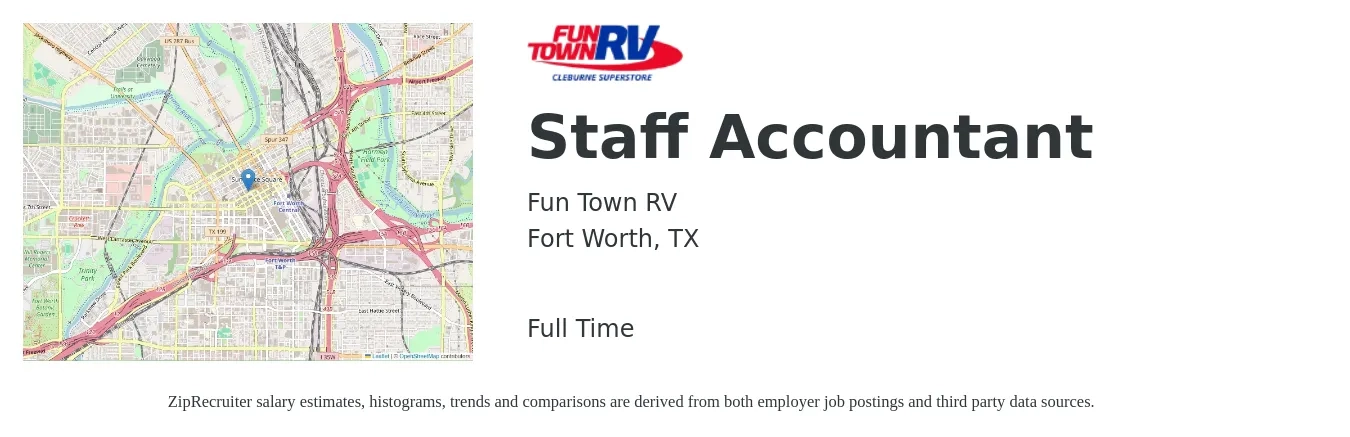 Fun Town RV job posting for a Staff Accountant in Fort Worth, TX with a salary of $52,700 to $69,500 Yearly with a map of Fort Worth location.