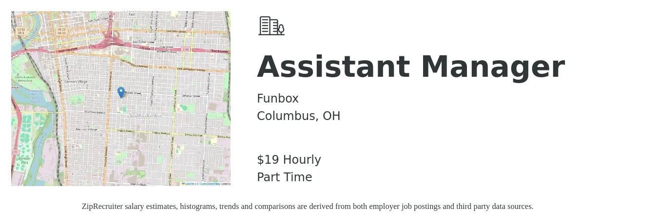 Funbox job posting for a Assistant Manager in Columbus, OH with a salary of $20 Hourly with a map of Columbus location.
