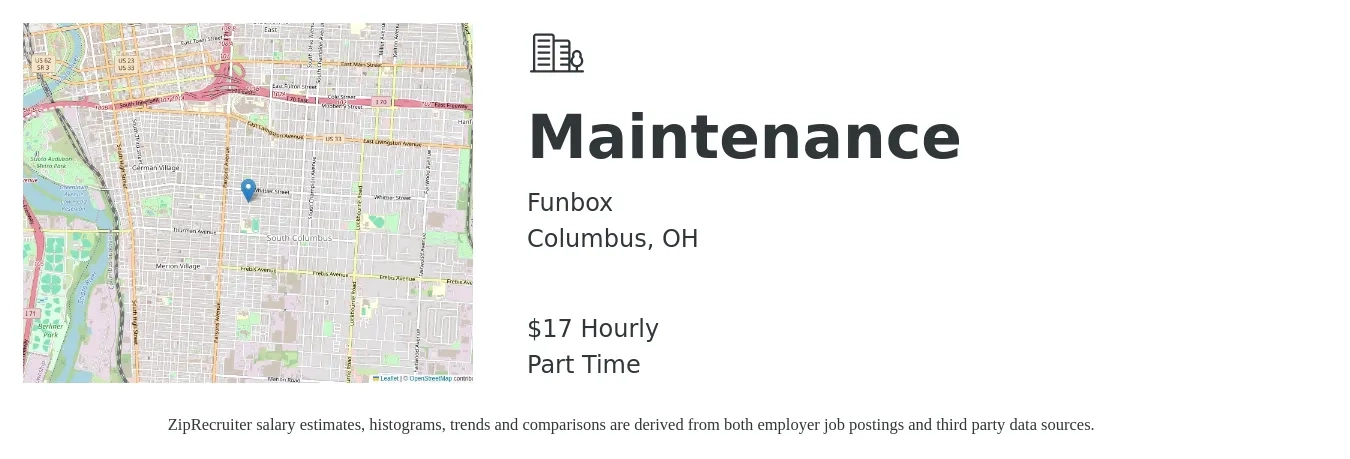 Funbox job posting for a Maintenance in Columbus, OH with a salary of $18 Hourly with a map of Columbus location.