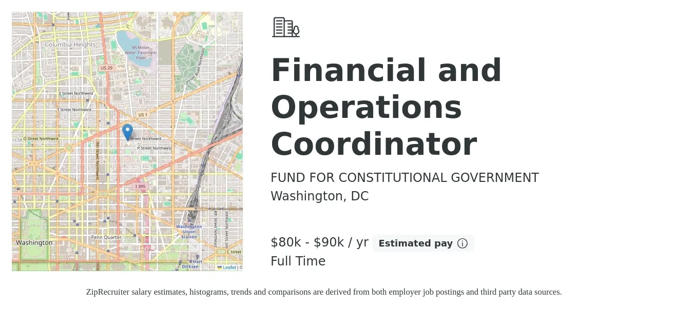 FUND FOR CONSTITUTIONAL GOVERNMENT job posting for a Financial and Operations Coordinator in Washington, DC with a salary of $80,000 to $90,000 Yearly with a map of Washington location.