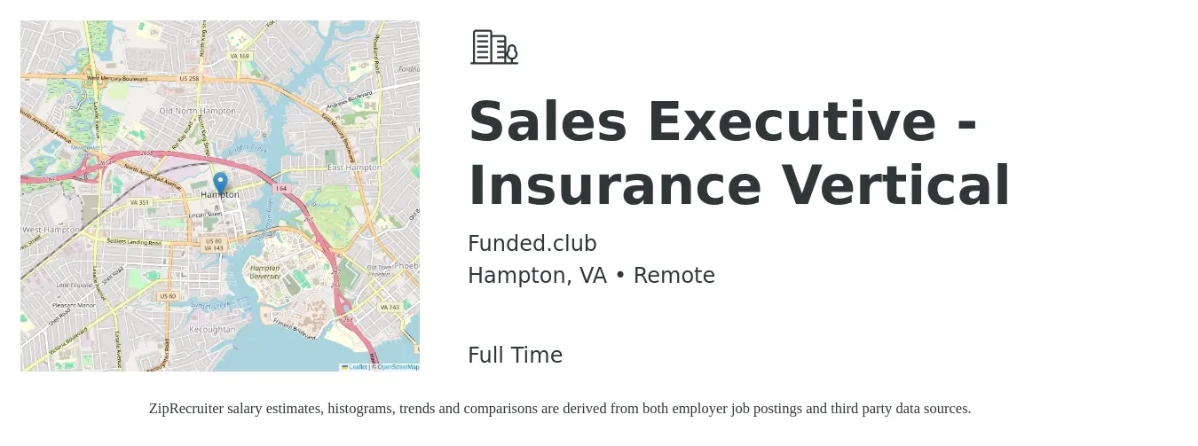 Funded.club job posting for a Sales Executive - Insurance Vertical in Hampton, VA with a salary of $55,100 to $94,700 Yearly with a map of Hampton location.