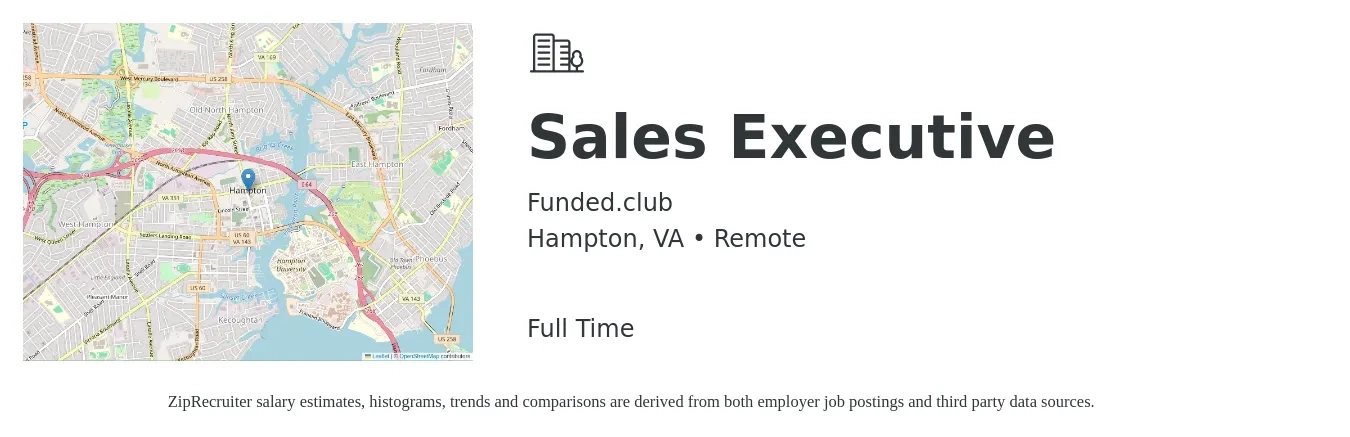 Funded.club job posting for a Sales Executive in Hampton, VA with a salary of $55,100 to $94,700 Yearly with a map of Hampton location.