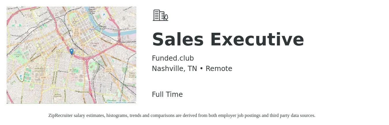 Funded.club job posting for a Sales Executive in Nashville, TN with a salary of $55,100 to $94,700 Yearly with a map of Nashville location.
